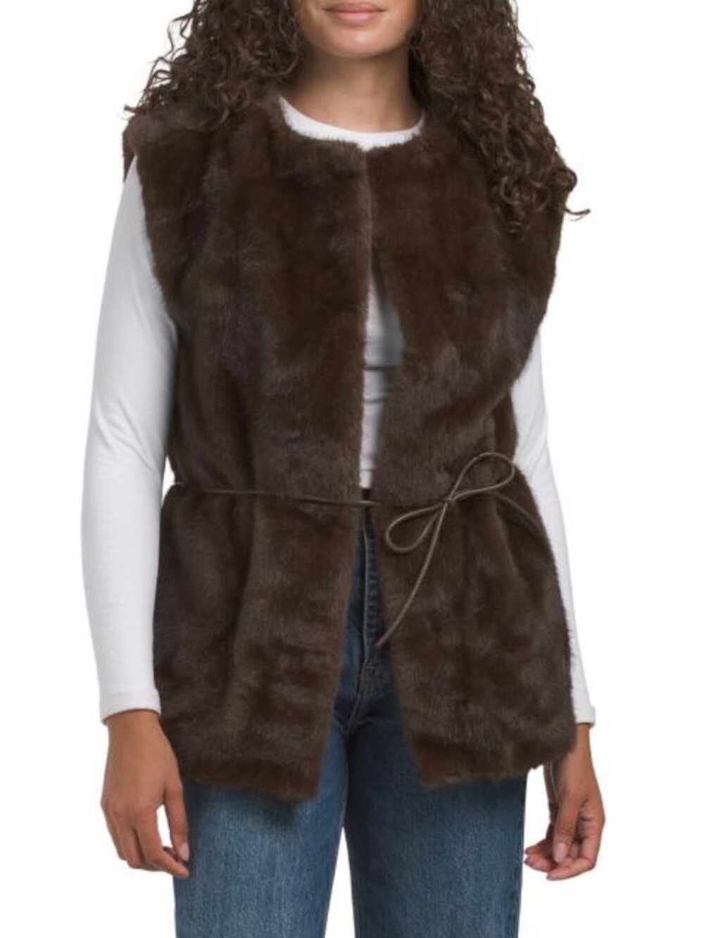 ELIE TAHARI Extended Shoulder Crew Neck Vest With Faux Leather Cord Belt